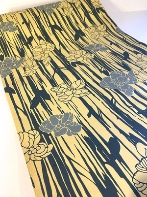Vtg Wallpaper 2Rolls  Thomas Strahan Co Floral Blue Cream Vinyl Acrylic 1960-70s