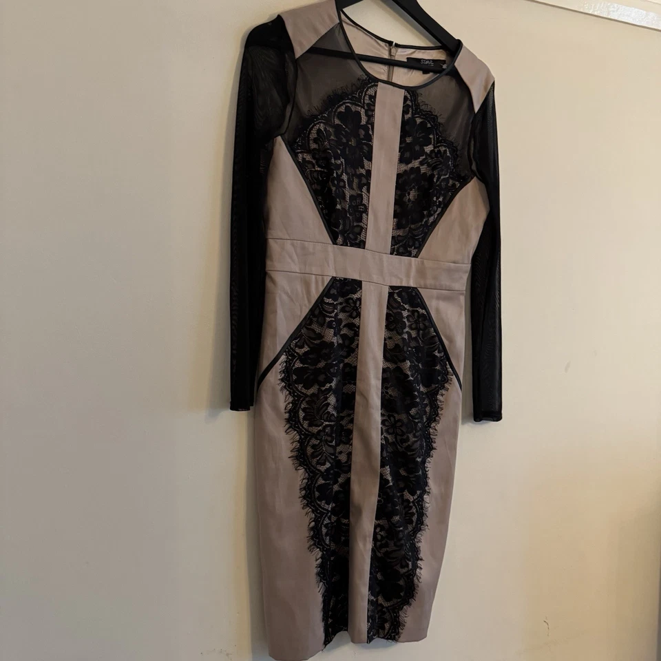 Star By Julien Macdonald Size 12 Taupe Lace Long Sleeve Midi Lined Dress W4 - Image 3 of 4