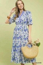 Women’s Floral Ruffle Trim Tiered Midi Dress Cotton