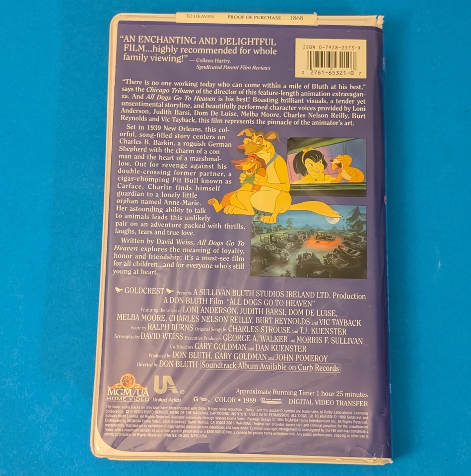 All Dogs Go to Heaven 1 & 2 VHS Lot - Don Bluth Family Video Tape Dom DeLuise - Image 4 of 4