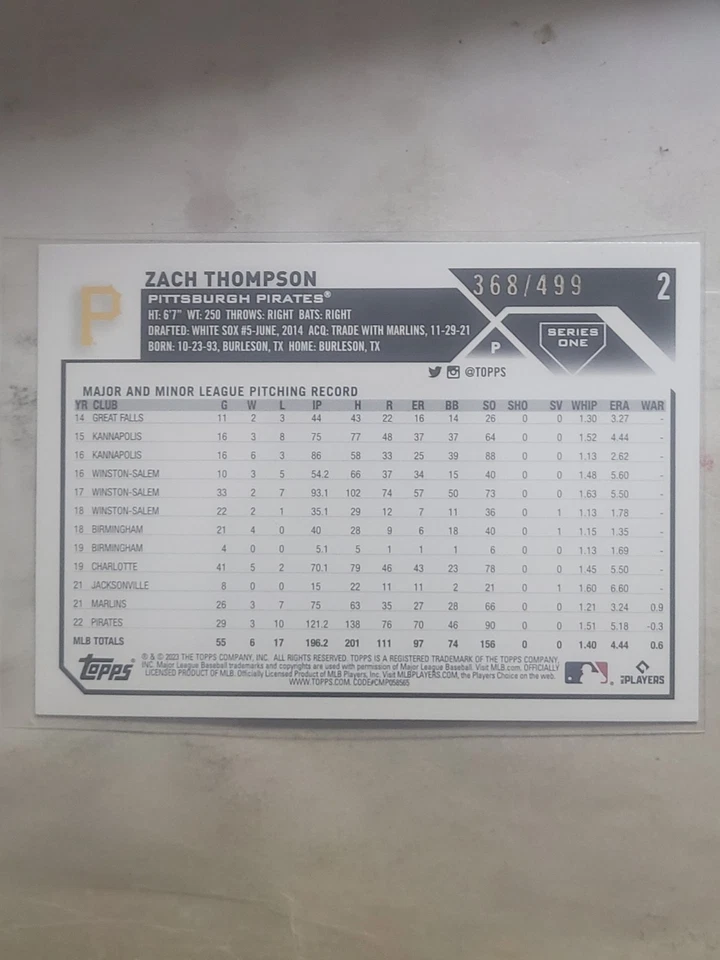 2023 Topps Baseball Green Foil Zach Thompson /499 # 2 Pittsburgh Pirates - Image 2 of 2