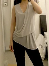 Formal grey chiffon asymmetric v neck draped sleeveless blouse vest top size 6