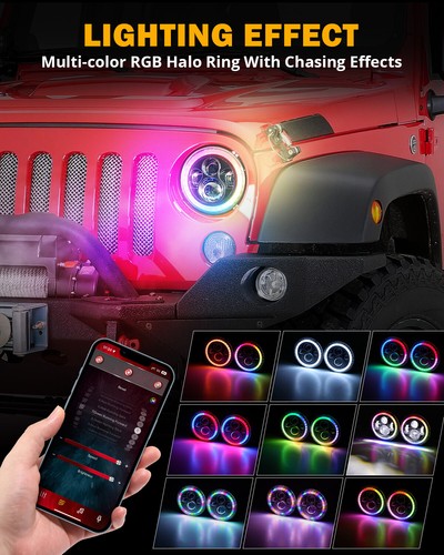 Faros LED Hi-Lo+LED luz trasera lámpara de freno para Jeep Wrangler TJ CJ JK 7" RGB - Imagen 7 de 12