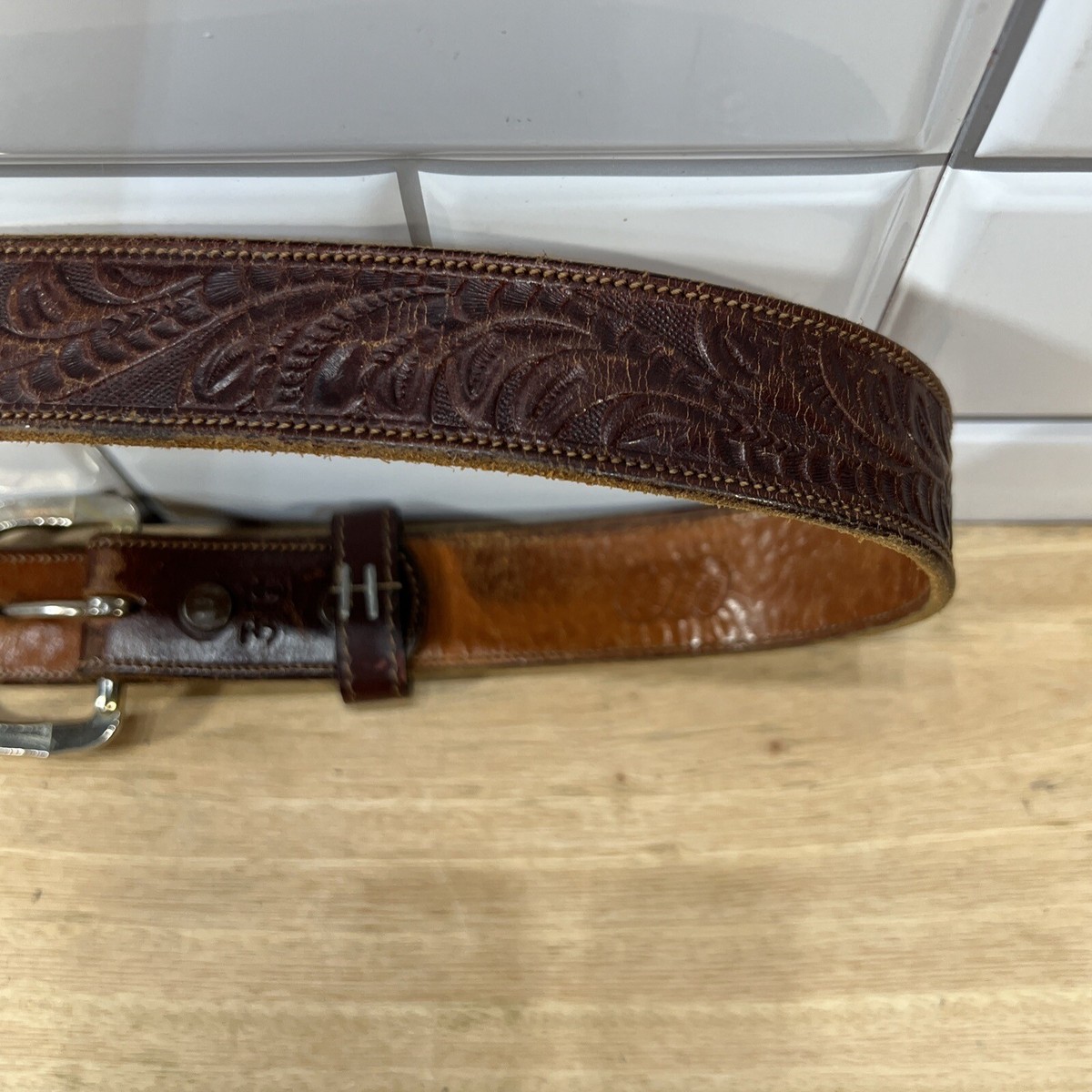 1970's John Egenes Maker Brown Leather Tooled Belt w/ Silver 1970's John Egenes Maker Brown Leather Tooled Belt w/ Silver