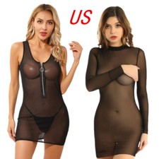Sexy Women See Through Dress Sheer Mesh Lingerie Nightie Bodycon Mini Dresses