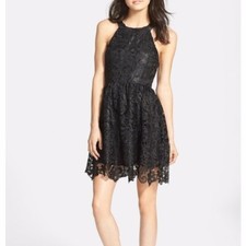 ASTR The Label Black Halter Neck Lace Faux Leather Trim Mini Dress Size L