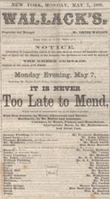 *LARGE 1866 THEATRE PROGRAM: TOO LATE TO MEND WALLACK EDWARD MOLLENHAUER*