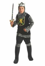 Knight Costume Child 4Pc Warrior King Blk/Slv Velour Tunic Boot Tops Headpiece