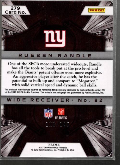 A2409- 2012 Crown Royale Silver Holofoil #279 Rueben Randle Auto Jersey /149 - Image 2 of 2