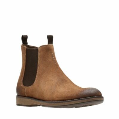 Clarks Mens Hinman Chelsea Dark Tan Suede Boots Comfort UK