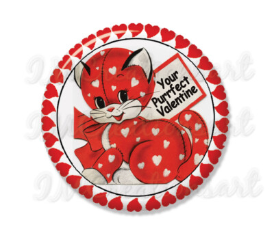 Retro Valentine Kitty Cat Heart Handmade Pocket Mirror, Magnet, or Pinback 2.25''