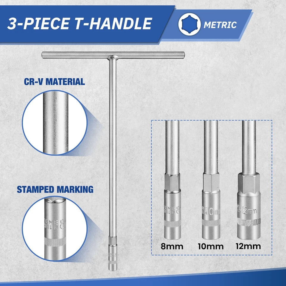 T - Handle Socket Set,3 Pieces(8mm, 10mm, 12mm),Cr-V，Metric T Handle Wrench Set - Image 2 of 4