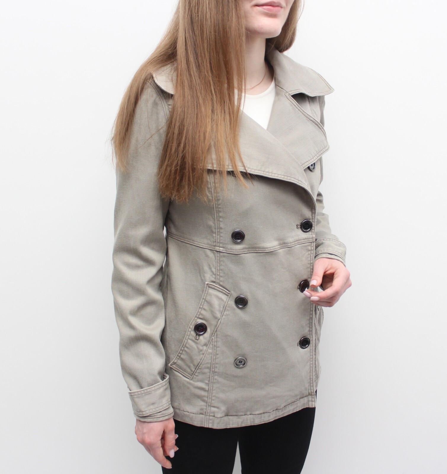 Women's BURBERRY BRIT Double Breasted Denim Pea Coat Nova Check Jacket RARE S image 5