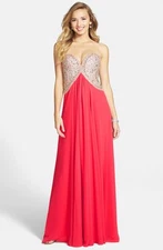 NWT Terani Couture Embellished Bodice Strapless Chiffon Gown Coral [10 ] #N297