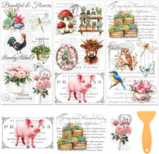 3 Pcs Vintage Farmhouse Rub on Transfer Sticker,5.9X11.8'' Flower Animals Furnit