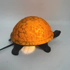 Vintage Tiffany Style Turtle Night Light Bronze Amber Stained Glass Accent Lamp