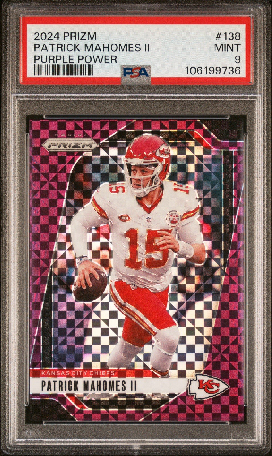 2024 Panini  Prizm  #138 Patrick Mahomes II  Purple Power /49 PSA 9 view 2