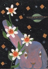 ACEO Original Painting Lavender Rabbit UFO Mixed Media Collage