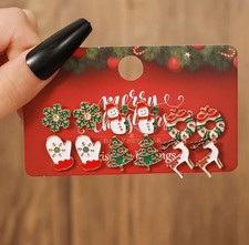 Christmas Holiday Earrings Red Green Snowman Flake Wreath Tree Reindeer Set Of 6
