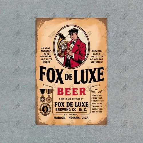 Vintage Fox De Luxe Beer Metal Sign Marion Indiana Brewery Co #719123