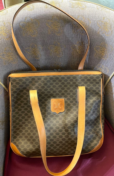 Auth Vintage CELINE Brown Triomphe Macadam Leather Tote Bag HF08. Made in Italy