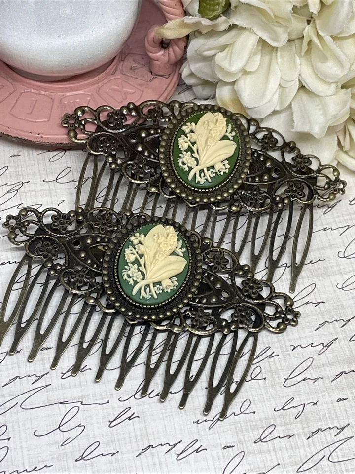 Pair Bronze Barrette Jewelry Hair Combs Cameo Lily Of Valley Green Wedding Gift - Image 2 of 4