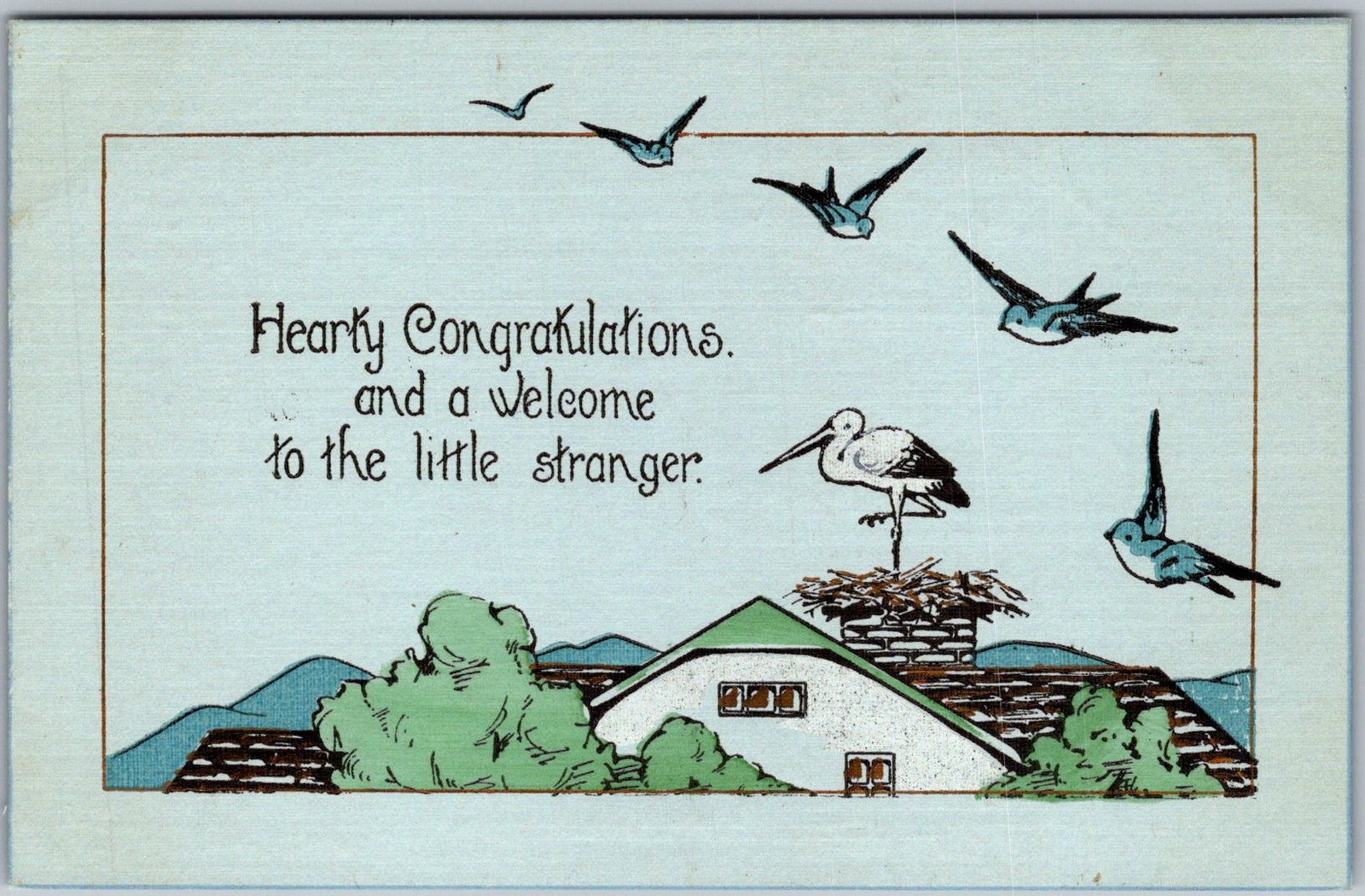 Vtg Postcard Stork New Baby 1940s