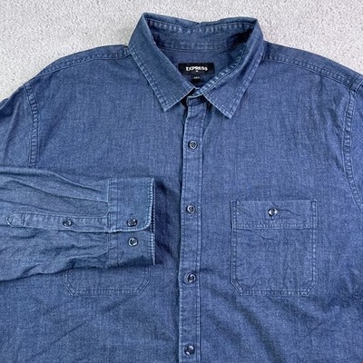 Express Shirt Mens XL Blue Denim Long Sleeve Button Up Casual Pockets