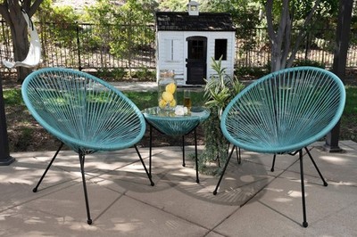 3 Pieces Acapulco Chair Set w/Glass Table Aqua Outdoor Patio Furniture Wicker...