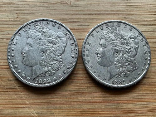 US Morgan Silver Dollars 2 coins circulated details Pre 1904 Lot TU2