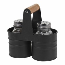 Salt And Pepper Shakers Set Glass Pots Cruet Jars And Metal Tin Storage Holder