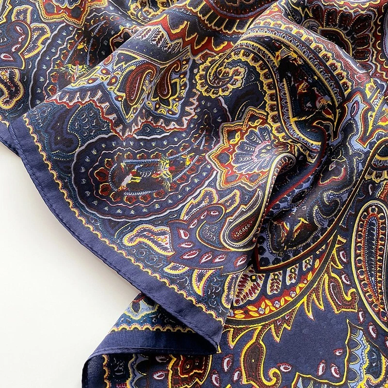 100% Mulberry Silk 27" Square Scarf Women Neckerchief Wrap Vintage Blue Paisley - Image 4 of 4