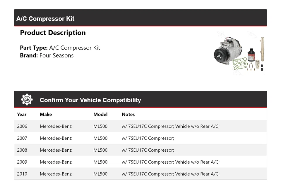 Kit compresor aire acondicionado Mercedes-Benz ML500 2006-2010 4 estaciones 2007 2008 2009 Foto 2 de 4