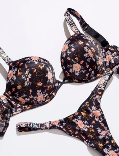 Victoria's Secret Bombshell add 2 cups lace Push Up Bra Set shine floral thong