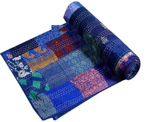 Colcha Kantha vintage retazos india hecha a mano edredón seda boho blanco Foto 2 de 4