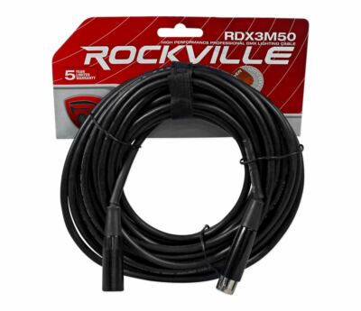 Rockville RDX3M50 50 Foot 3 Pin DMX Lighting Cable 100% OFC Copper Female 2 Male