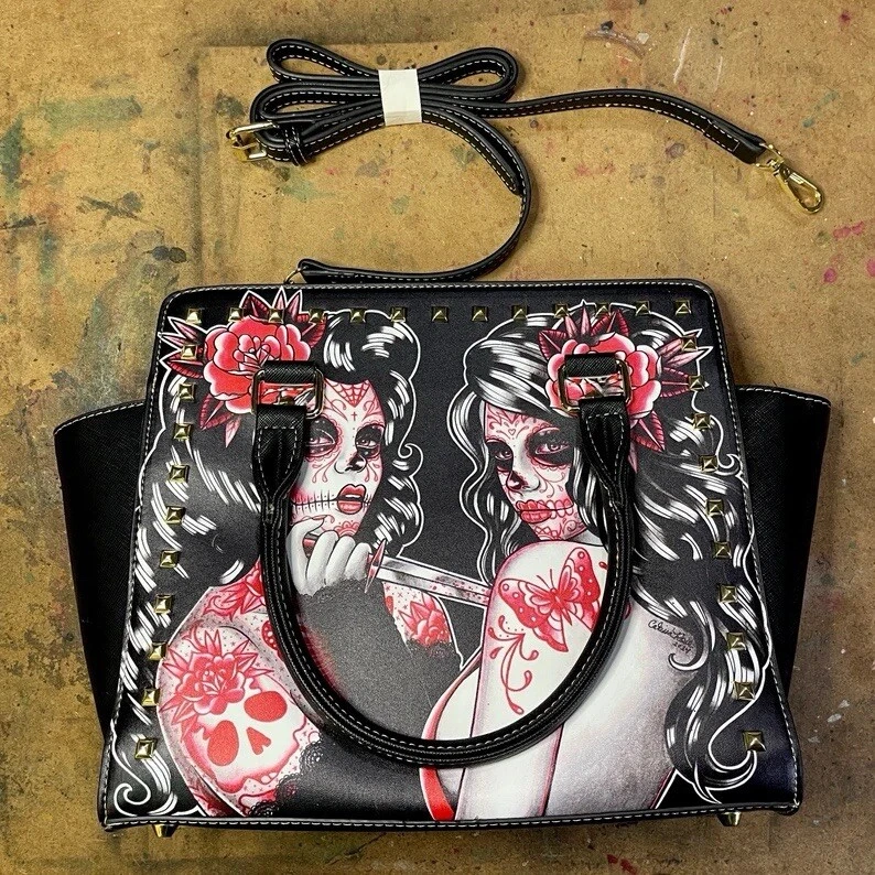 Large Studded Shoulder Purse | Betrayal Day of the Dead Sugar Skull Tattoo - Image 2 of 4