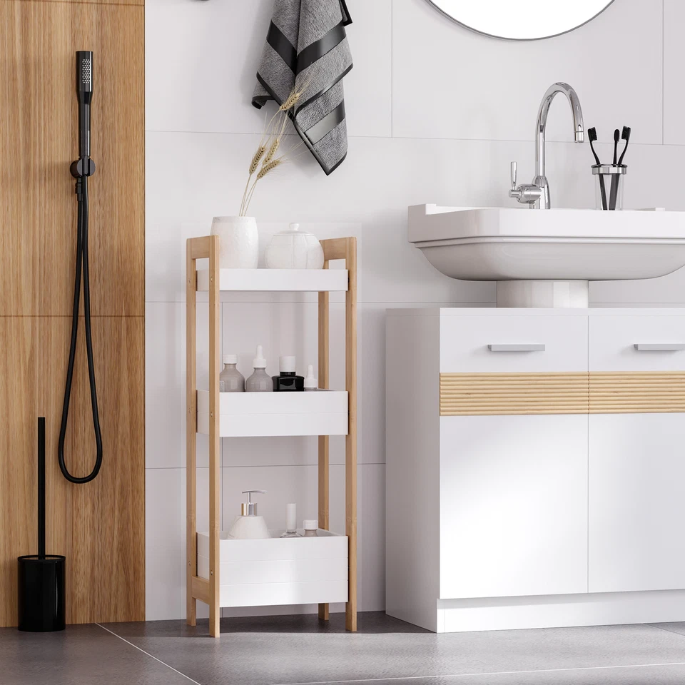 HOMCOM Mobiletto Bagno Multiuso Scaffale 3 Ripiani in MDF Bianco e Bambù - Immagine 3 di 4