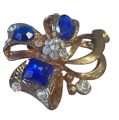 Vintage Gold-Tone Flower Brooch Blue & Clear Rhinestones Pin Costume Jewelry