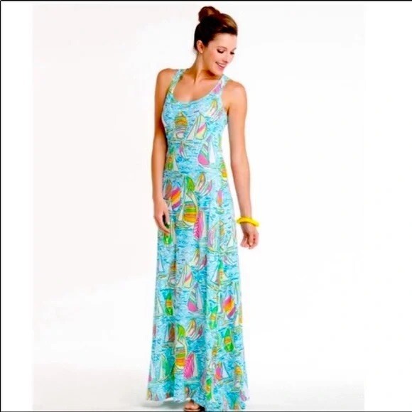 lilly pulitzer sailboat maxi dress LILLY PULITZER Treena Sail-Boat Print Racerback Slub Knit Maxi Dress L =  12/14