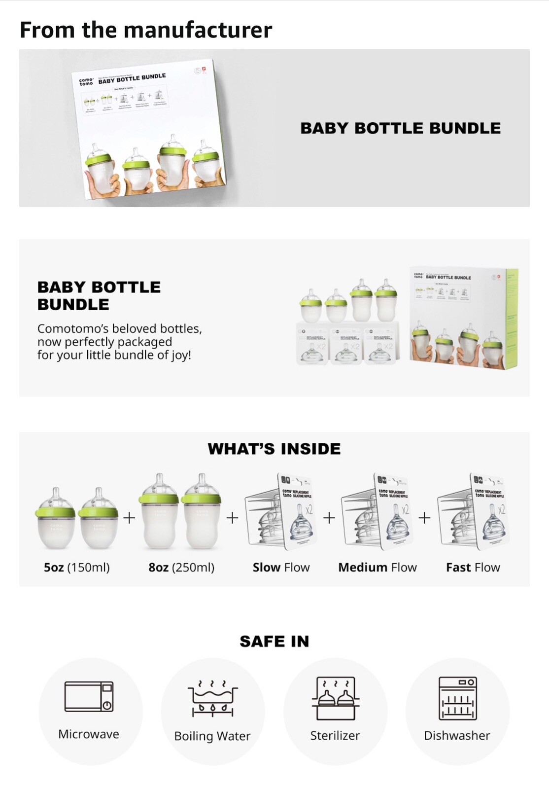 Comotomo Baby Bottle Bundle, Green, (7 Piece Set)