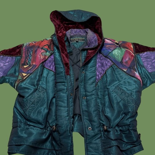 Vintage 80s Mulberry Street Shiny Crazy Funky Patterned Puffy Hooded Zip Jacket - Picture 7 of 22