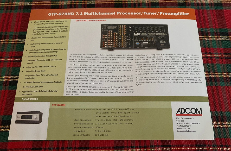 ADCOM GTP-870HD TUNER/PREAMP ORIGINAL PROMOTIONAL PRODUCT LEAFLET SALES AD M917x - Image 2 of 2