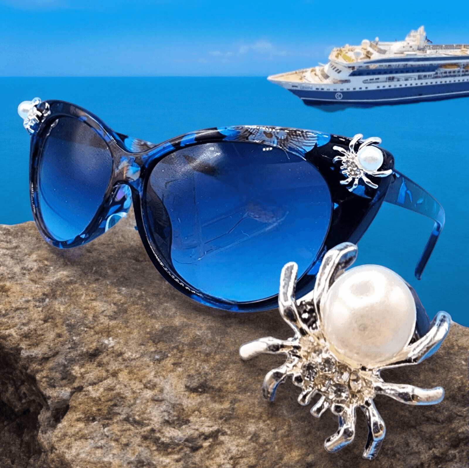 Blue Cat Eye Sunglasses Spider Accents Retro Faux Pearl Rhinestone UV400 Travel-image