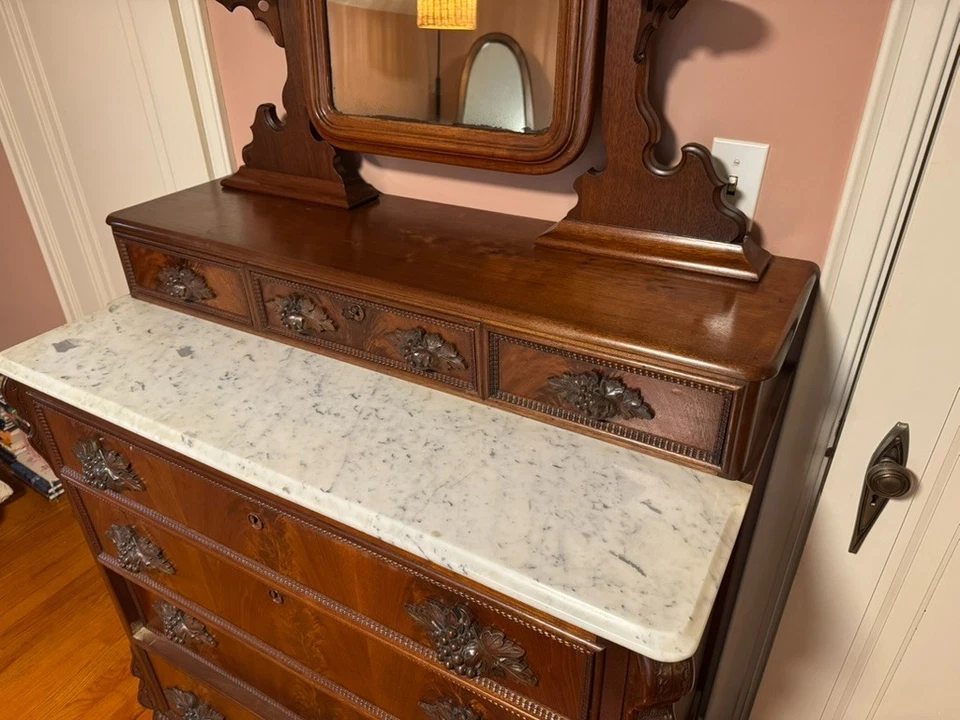 Antique Eastlake Victorian Dresser, Carved Walnut Marble Top w/ Mirror - Image 3 of 4
