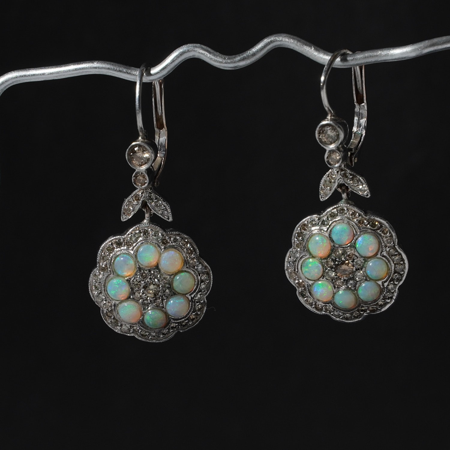 Vintage Solid Opal Diamond Flower Drop Earrings 9… - image 7