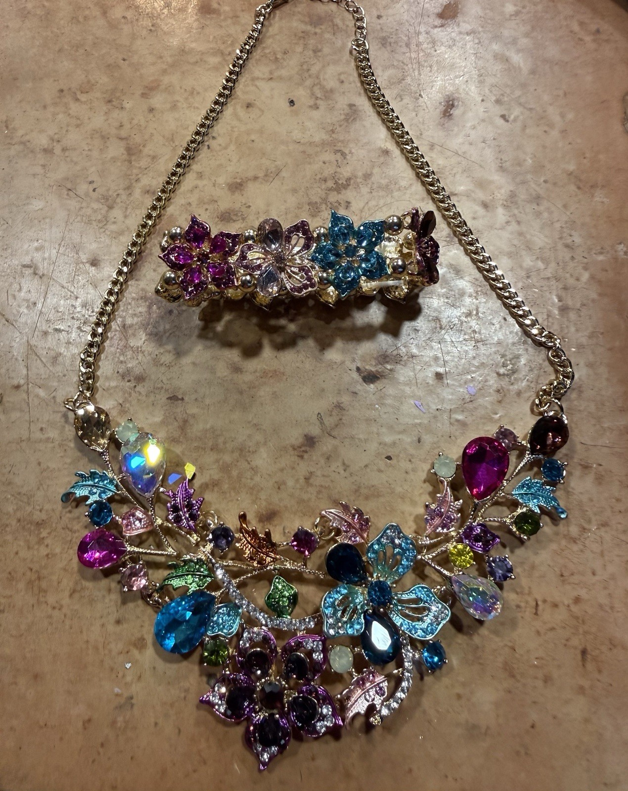 Colorful Rhinestone Flower Statement Necklace And… - image 3