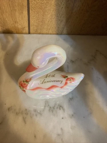 Fenton Glass 40th Anniversary Swan Iridescent Signed Hand Painted Red Rose