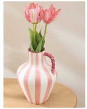M&S Pink Stipe Ceramic Jug Vase Home Decor Hand Painted