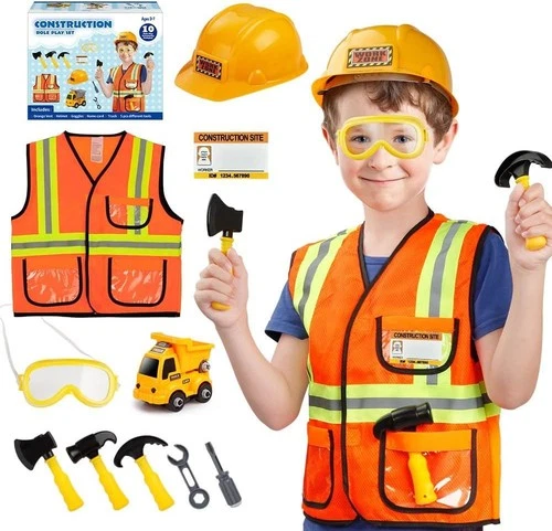 Kids Construction Vest for Boys, Construction Worker Costume, Hard Hat & Goggles - product listing photo